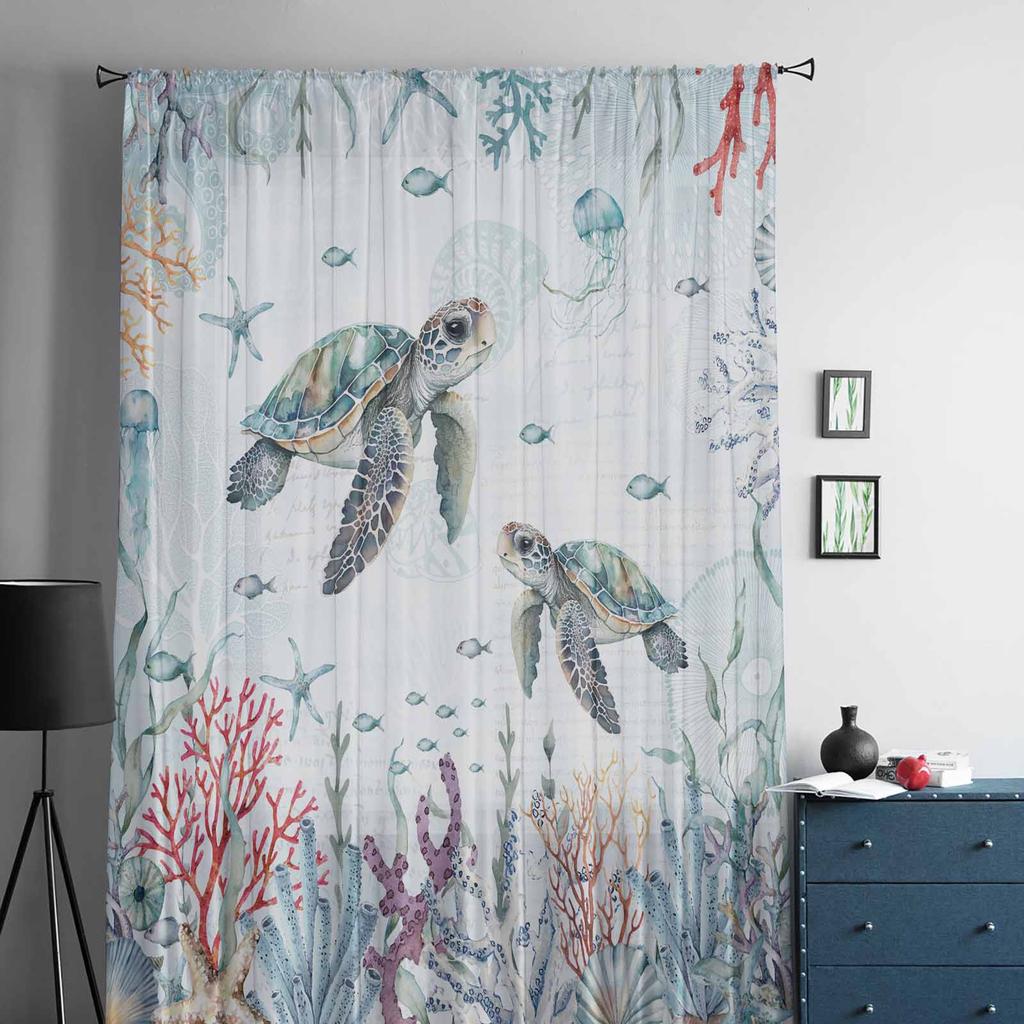 Летние Океан Коралловая Морская Звезда Морская Черепаха Тюлевые Оконные Шторы для Спальни Роскошный Домашний Декор Драпировки в Гостиной Шифоновые Панели