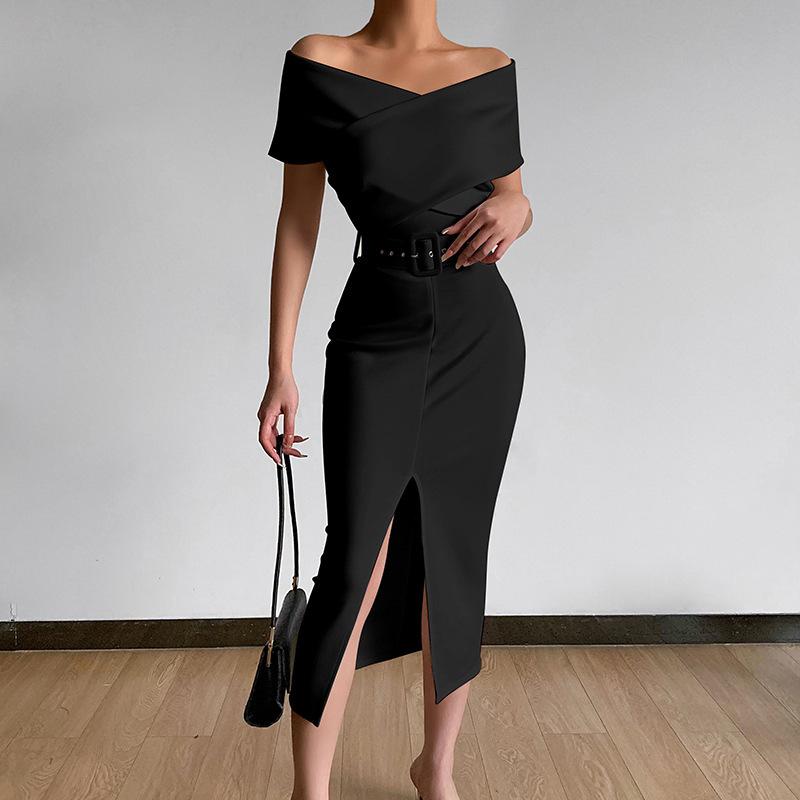 Elegant Temperament Commute Simple Light Cooked Off-the-shoulder Belt Slit Dress Dress