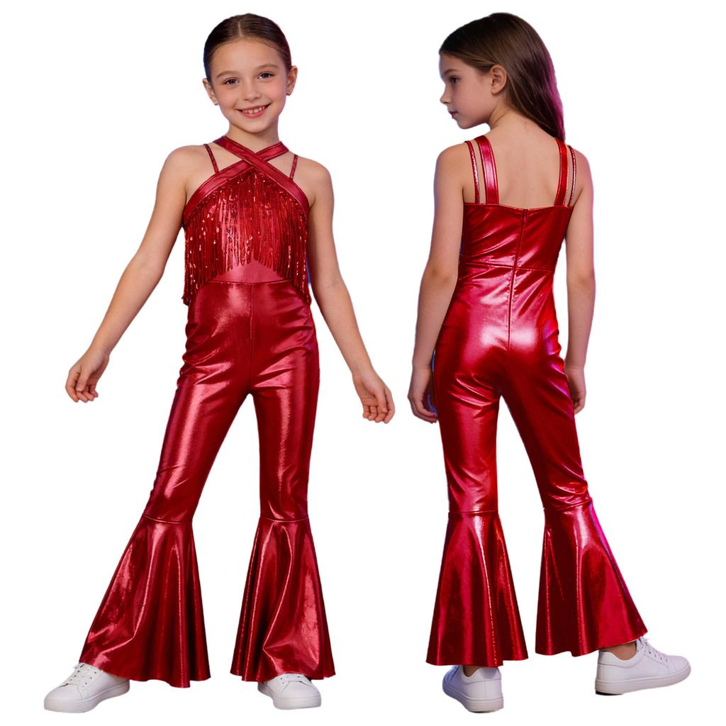 Kids Metallic Disco Dance Bodysuit: Sleeveless Sequins Tassels Jumpsuit with Back Invisible Zipper & Flared Pants