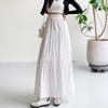 Women Maxi Skirt Elastic High Waist Ruffle Stitching Large Hem Long Skirt Solid