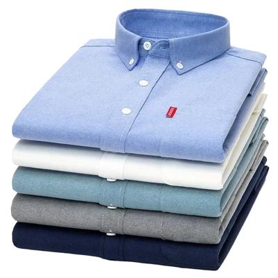 5XL 4XL Оксфорд 100% Чистый Хлопок Мужская Однотонная Рубашка с Длинным Рукавом Повседневная Формальная Большого Размера синяя белая Рубашка Мужская с Длинным Рукавом
