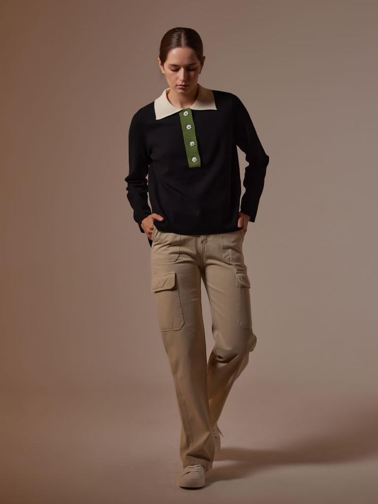 AYIHOLIC CASHMERE Single-Color Contrast Polo Knit