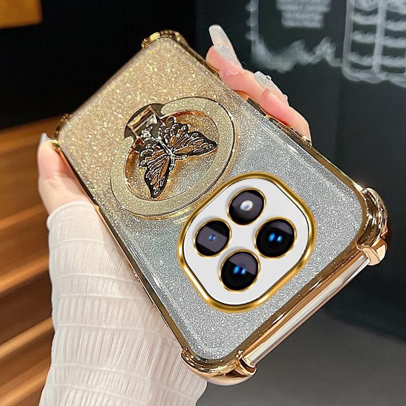 Чехол силиконовый с блестками и бабочкой-подставкой с градиентным покрытием для Xiaomi Redmi Note 14 Pro Plus, противоударный чехол для Mi Poco X7