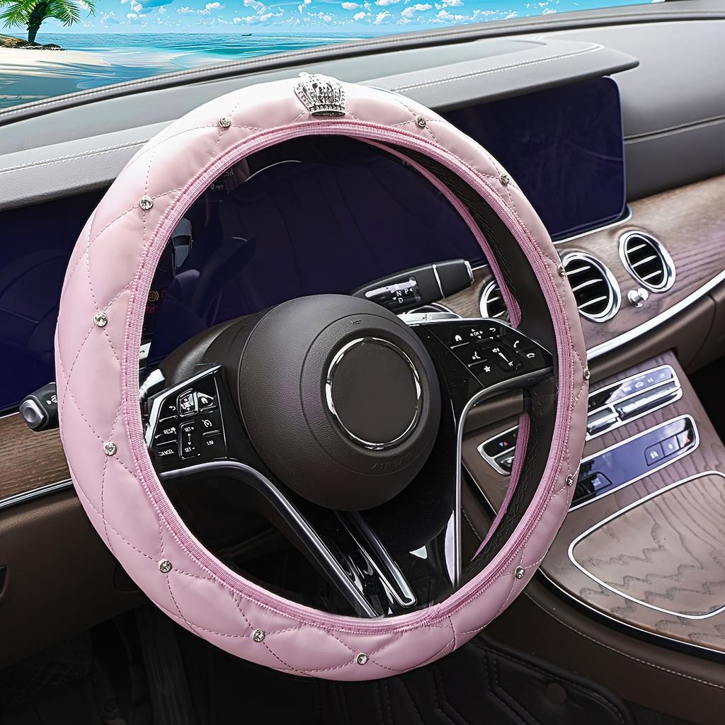 Блестящая кожаная оплетка на руль с бриллиантовой инкрустацией для женщин - Мягкая, удобная, без внутреннего кольца, подходит, черная с акцентами из стразов