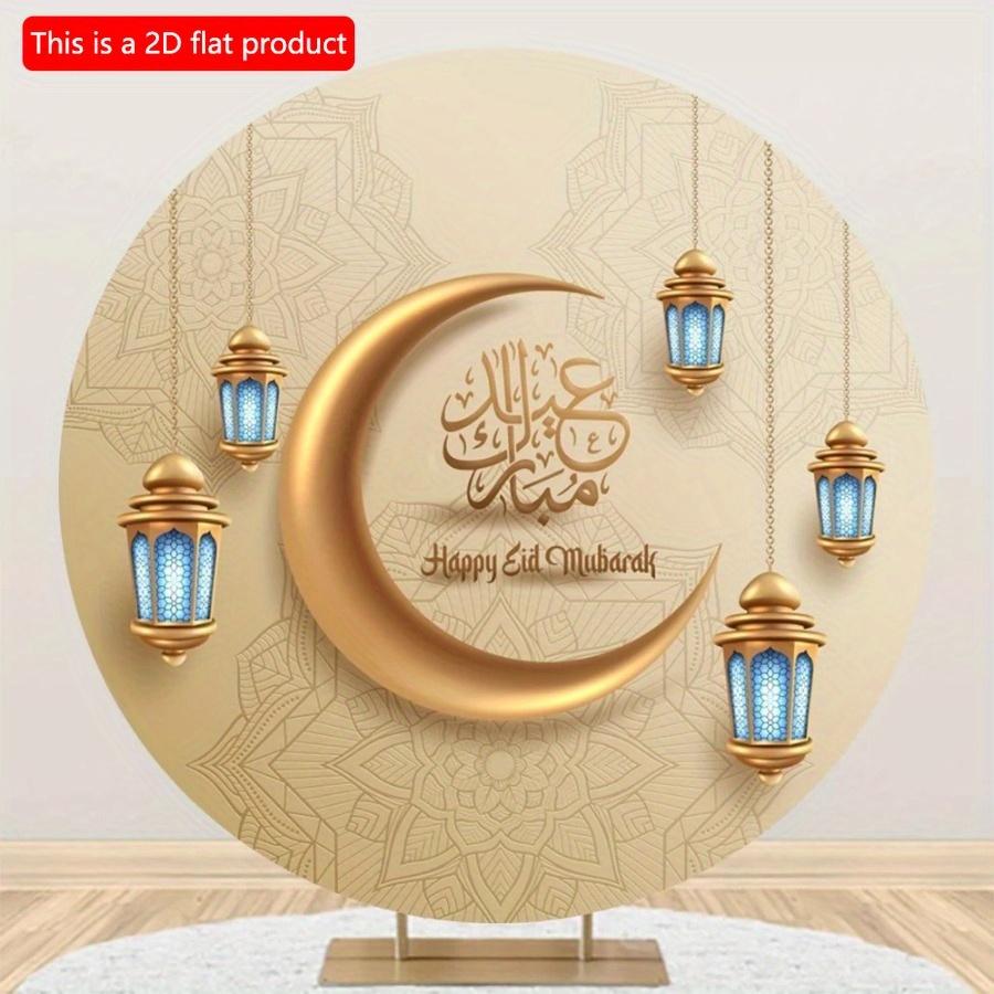 2D Flat 20*20cm1pc Happy Eid Mubarak Golden Moon and Lanterns Patterns Exquisite Round Wooden Pendant, Celebrate Ramadan Good Quality Ceiling Hanging