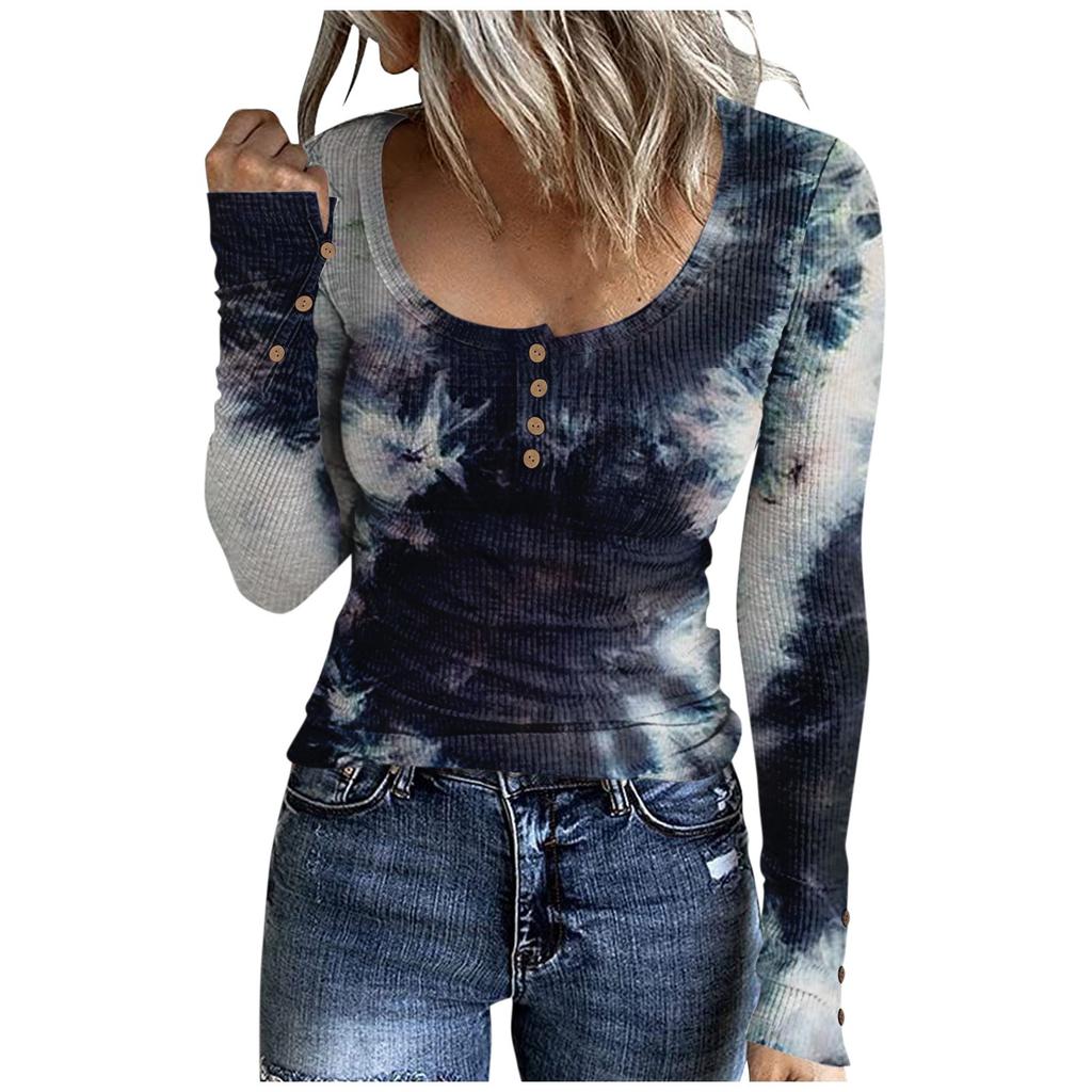 Women's T-shirt Fashion Casual Printed U Collar Button Long Sleeve Top