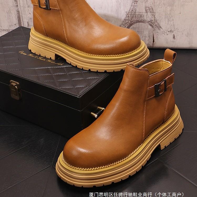 Men's Chelsea Leather Slip-On Boots - High-Top, British Style, with Inner Height Increase and Martin Boot Warmth.