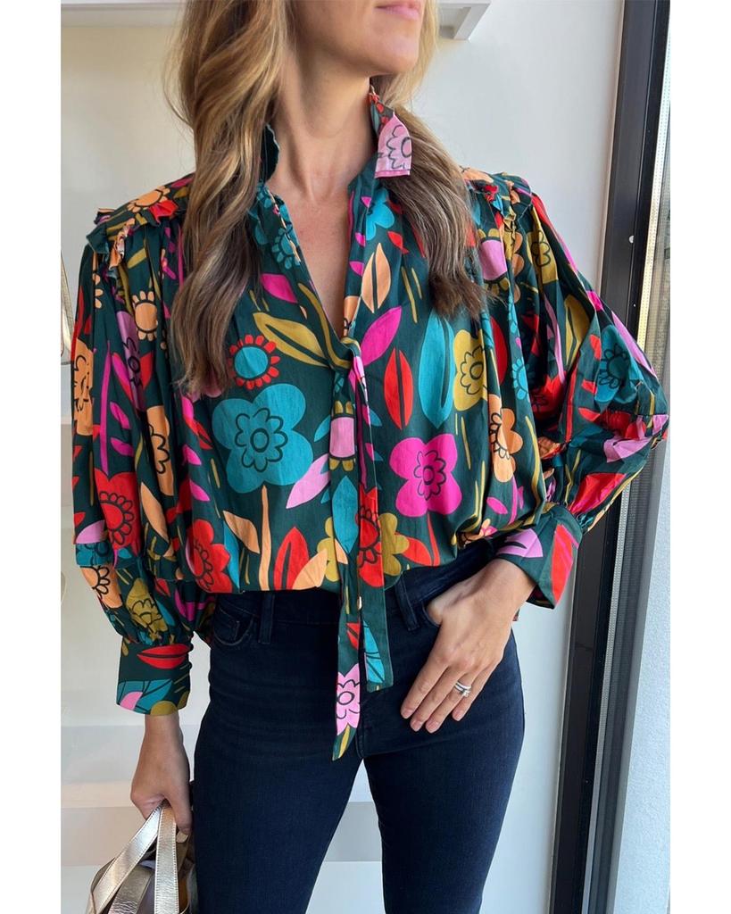 Azura Exchange Green Floral Knot Split Neck Puff Sleeve Blouse