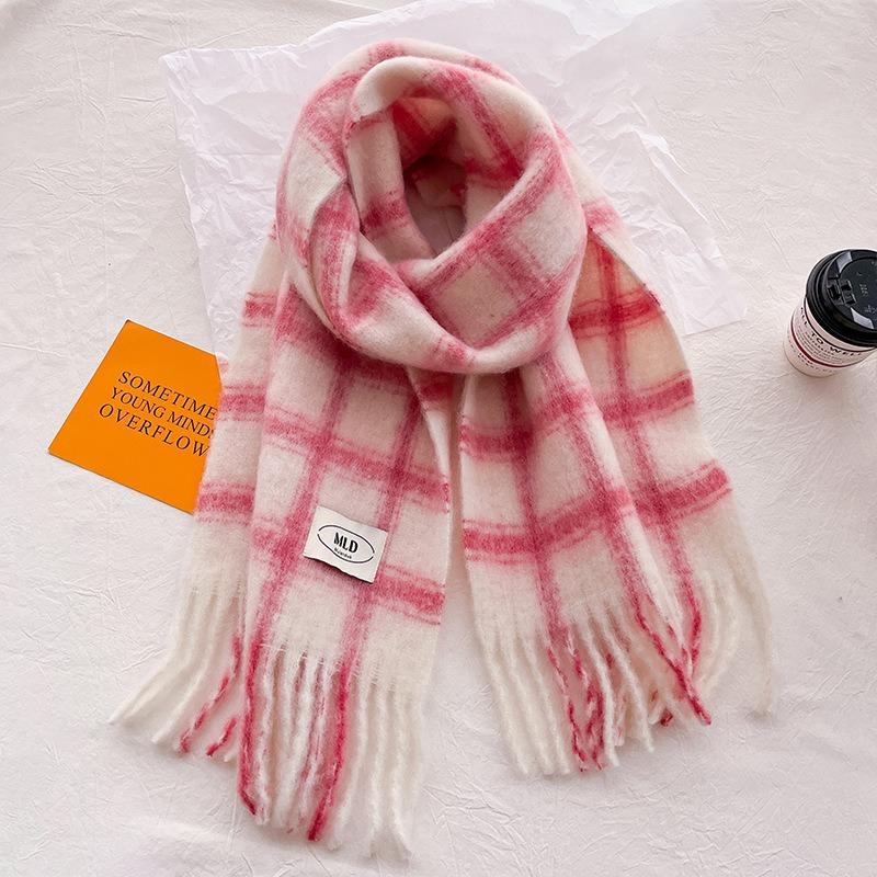 Rainbow Wool Plaid Scarf Women's Winter Imitation Cashmere Red Fringed Wool Shawl Thickened Scarf