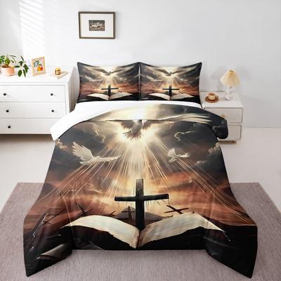 Christian Dove Cross Bible Bedding Set (1 Duvet Cover, 2 Pillowcases, Duvet Not Included), Religious Faith Light Art Print