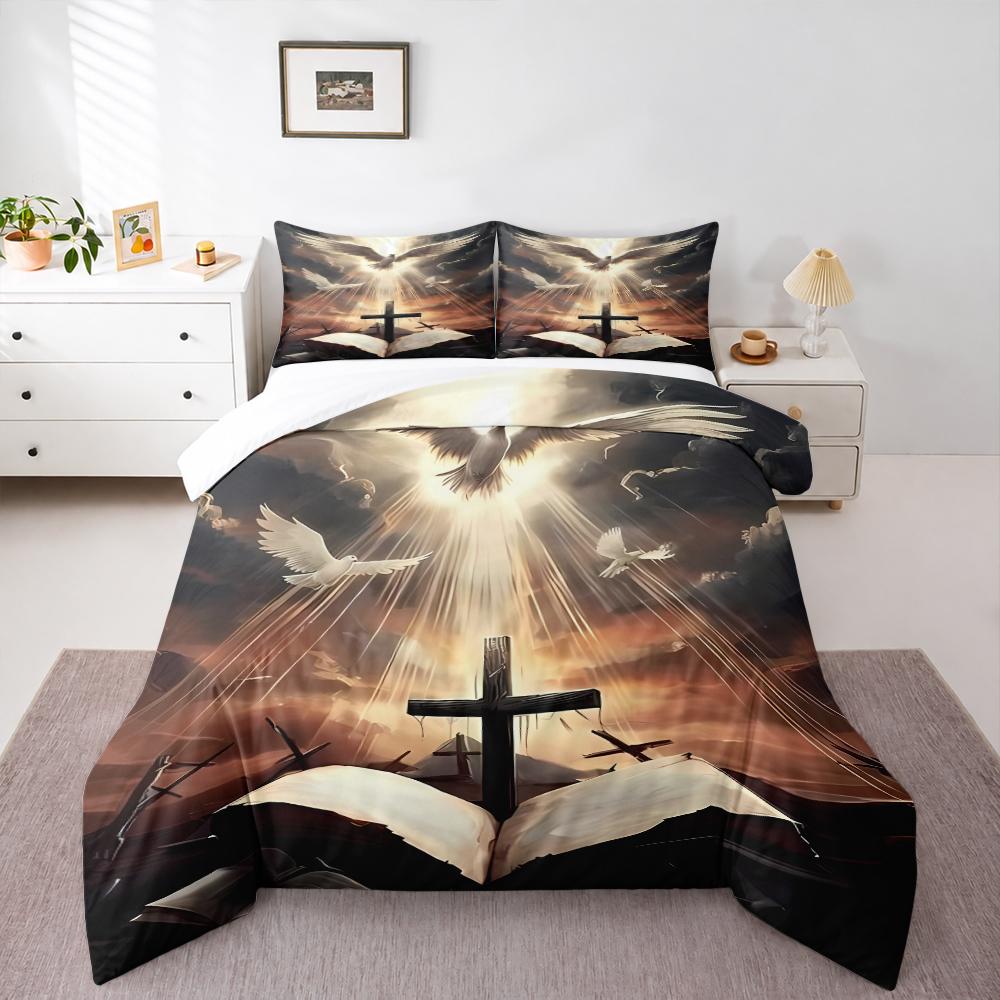 Christian Dove Cross Bible Bedding set (1 duvet cover, 2 pillowcases, duvet not included), Religious Faith Light Art Print