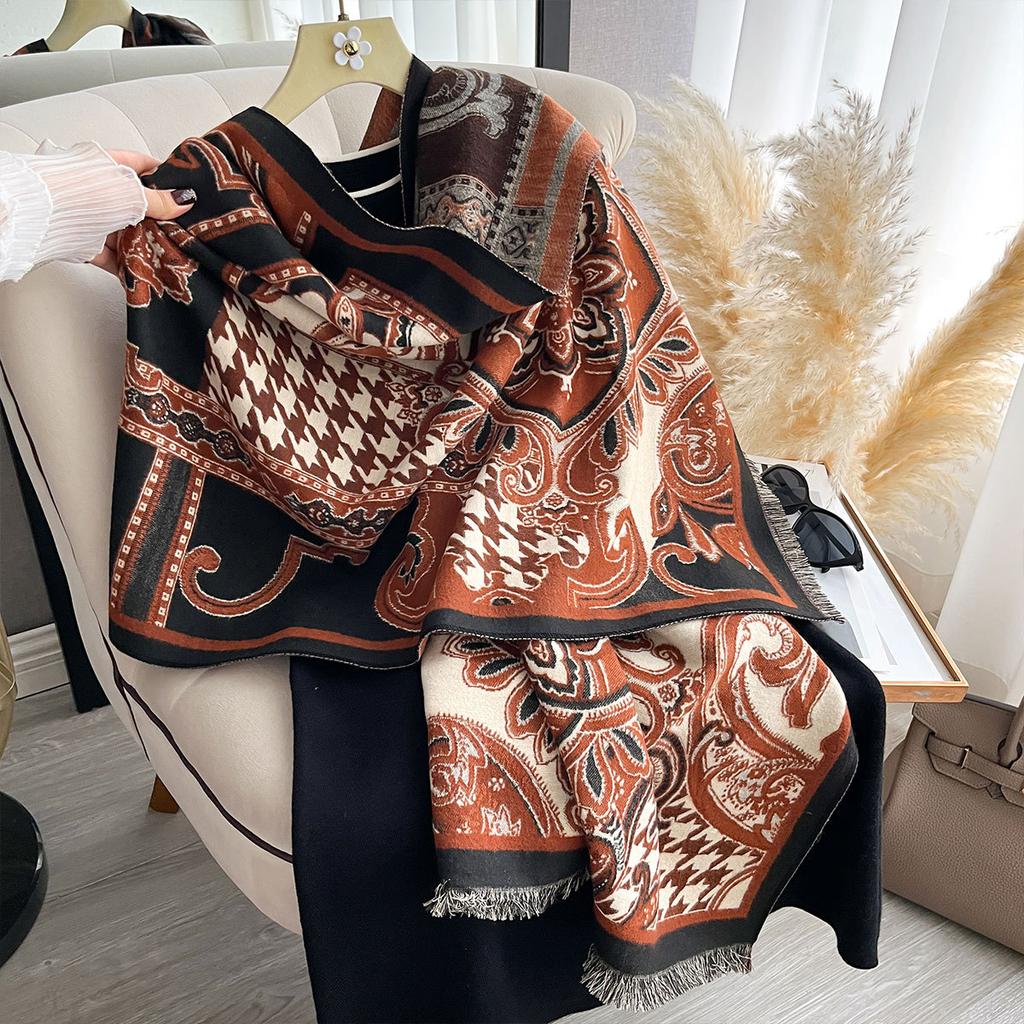Classic Letter Thousand Bird Grid Imitation Cashmere Scarf Women'S Winter Thickened Double-Sided Air Conditioner Shawl Scarf Women