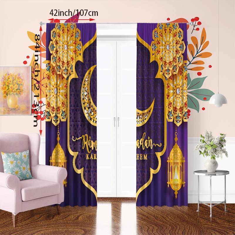 Ramadan Auspicious Lantern Moon Prayer Printed Curtain Polyester Material Suitable Bedroom Living Room Curtains Set Of 2 Made Decor
