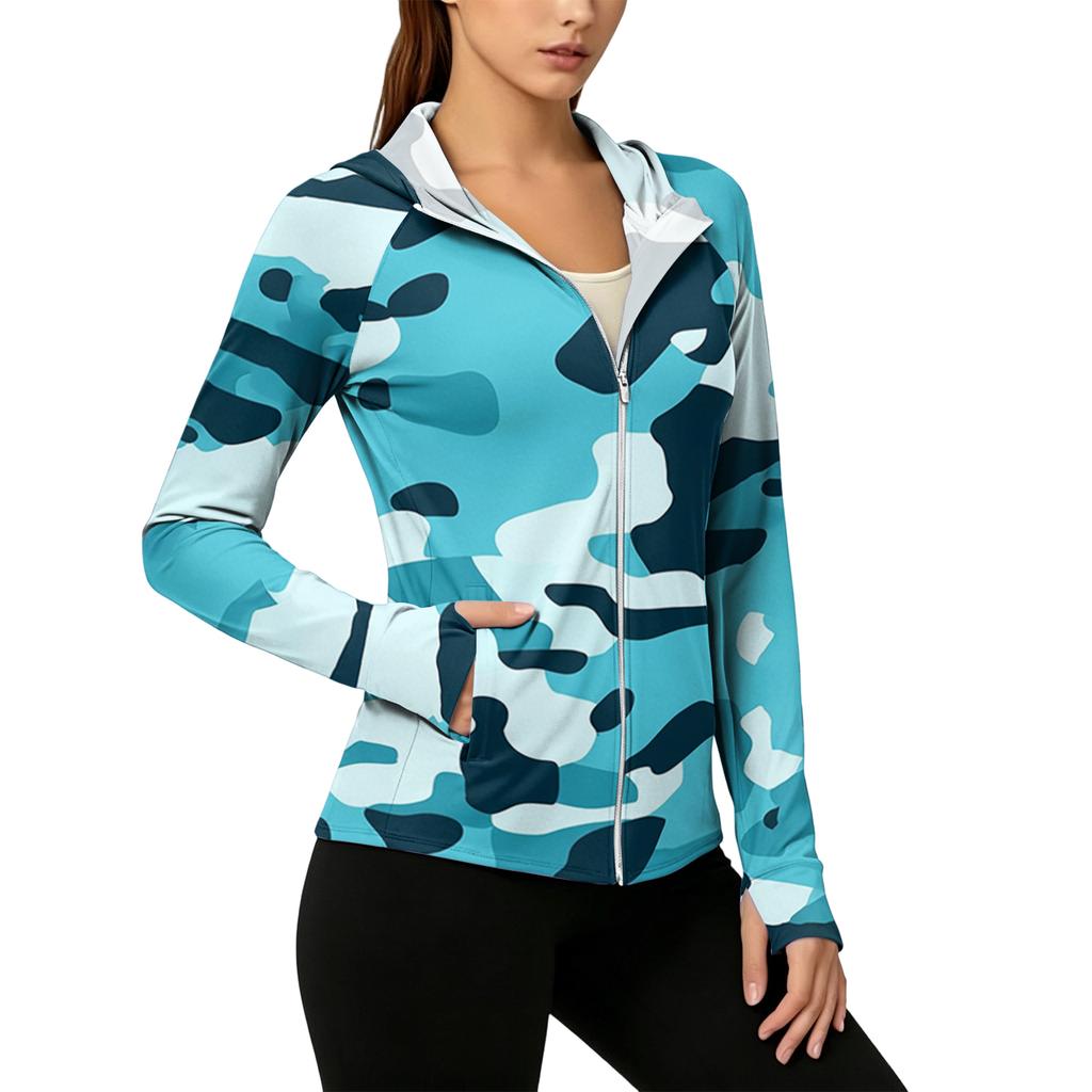 Women's Lightweight Zip Up Hoodie with Hood and Pockets Long Sleeve Camouflage Sun Protection Jacket for Outdoor Activities