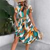 Women Summer Pleated Dress with Belt Round Neck Short Sleeve Medium Long