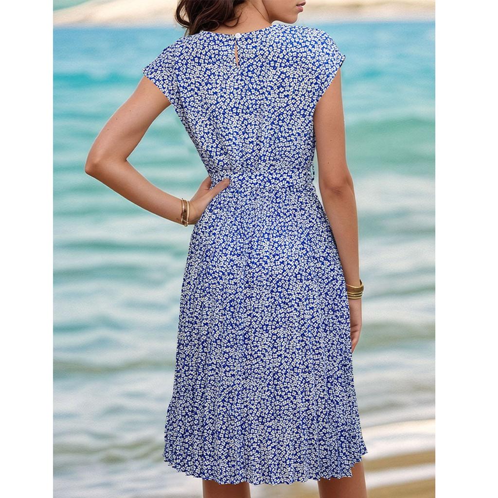 Women's Casual Loose Print Pleated Waistband Dress Print Pleated Waistband Dress