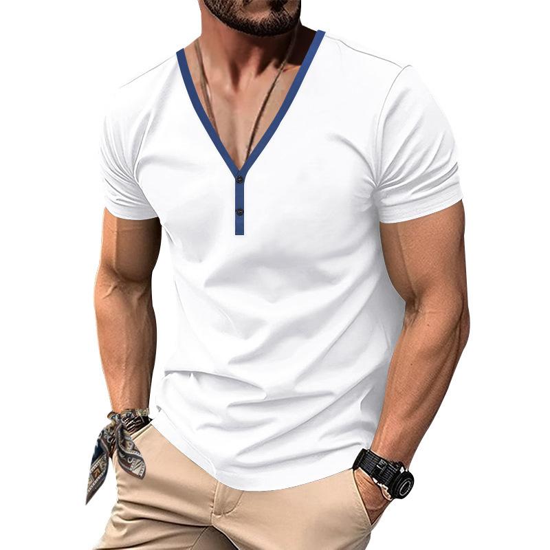 2025 Summer Men T-shirt V-neck Fashion Design Slim Fit Soild T-shirts Male Tops Tees Short Sleeve T Shirt For Men