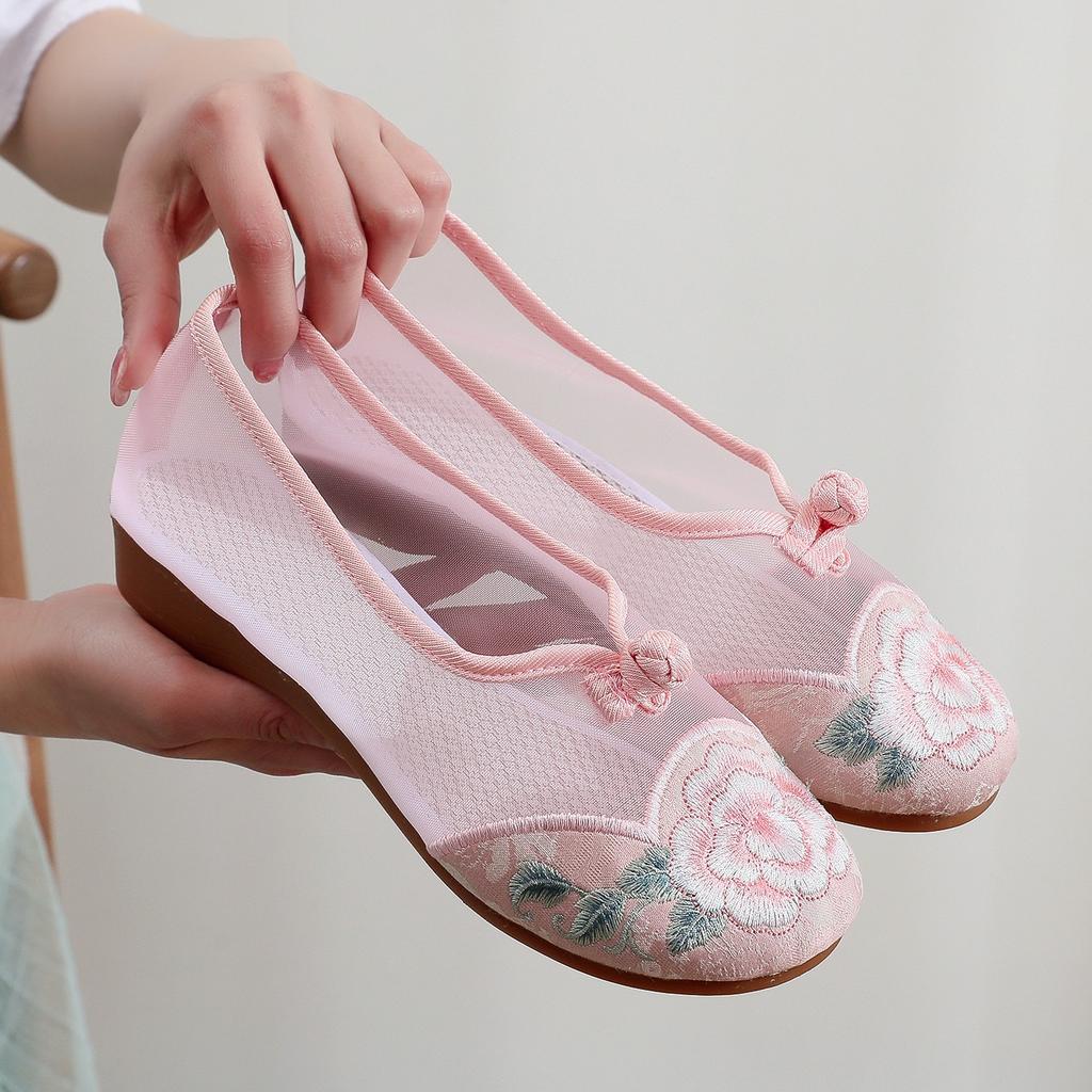 [Сетчатый пион] 2025 лето новая сетчатая дышащая обувь в стиле древнего ханьфу, этнический стиль, вышивка, одинарная обувь