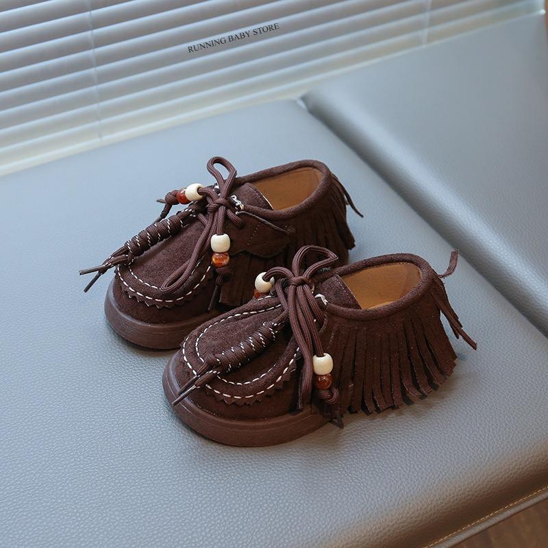 Retro Gir'ls Tassel Suede Leather Shoes Spring Autumn New British Style Soft-soled Knot Beads Shoes Slip on Footwear I09265