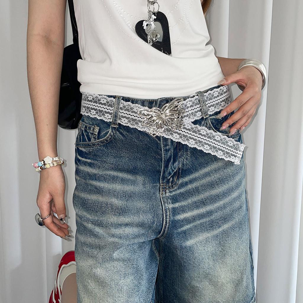 Silver Butterfly Fashionable Buckle Decor Women Casual White Lace Belt Waist