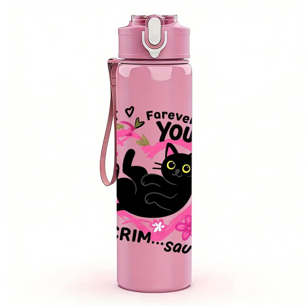 1PC Punk Black Cat Circle Text 750ml Color Plastic Sports Water Bottle Leakproof Flip Straw Lid Suitable for Sports Office Home Use