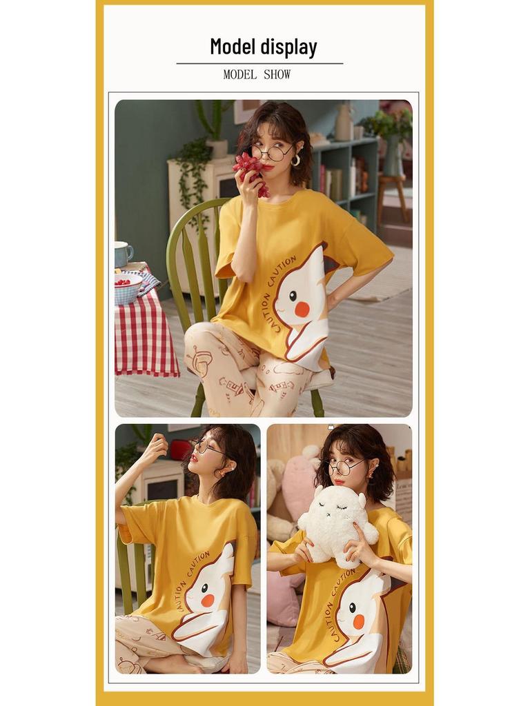 Женский летний пижамный комплект - Круглый вырез, Короткий рукав, Брюки длиной семь восьмых, Удобный повседневный костюм-двойка