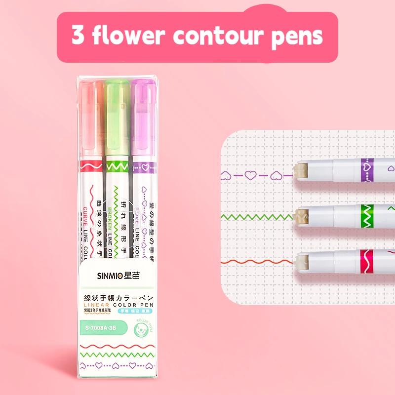 3 шт. Kawaii Flowers Line Shaped маркеры-маркеры с роликовым наконечником изогнутые линейные маркеры для письма канцелярские принадлежности для рисования