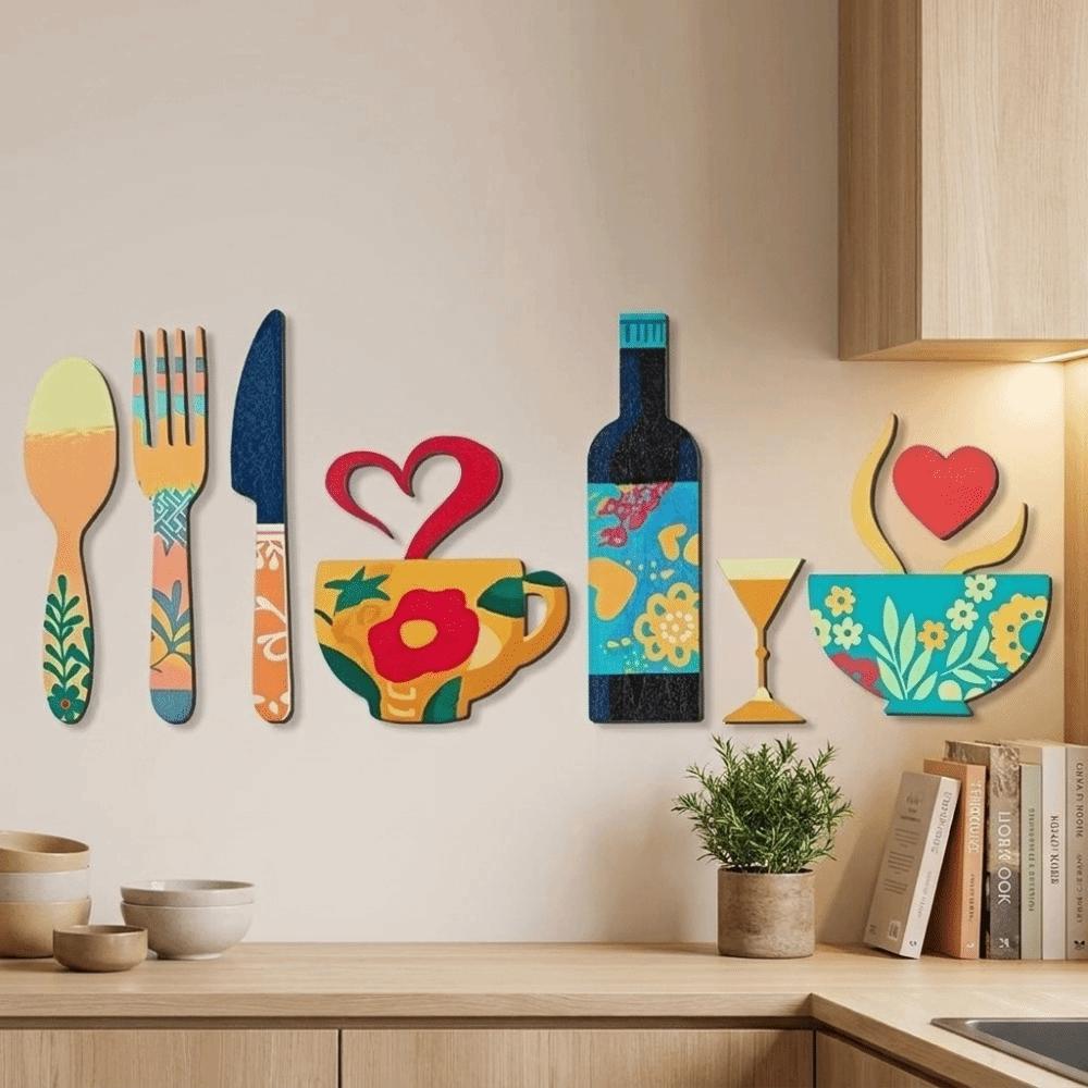 8PCS/SET Rustic Floral Kitchen Utensil Pendant Wood Coffee Cup Wall Sticker Wall Art Decals Bar