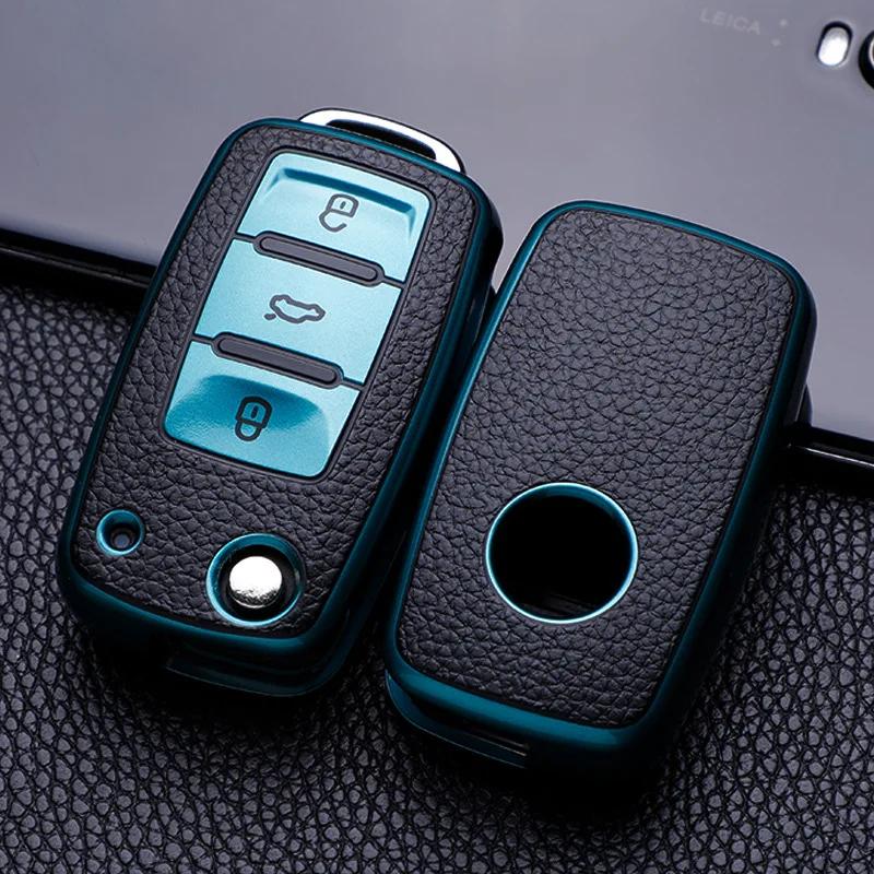 APRUB1 Leather Car Key Case Keys Full Cover Protection Shell Bag for VW Volkswagen Polo Tiguan Passat Golf Jetta Lavida Skoda Octavia
