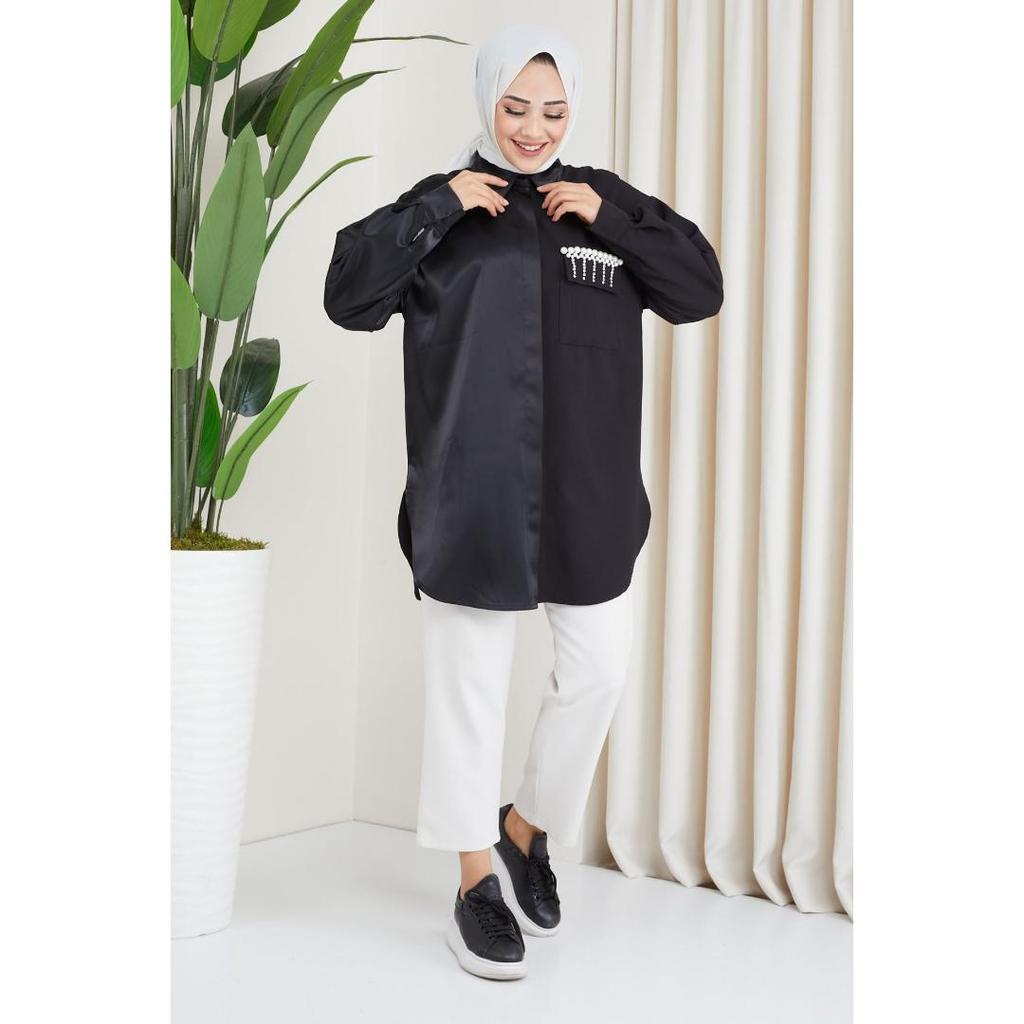 THE RAREBELL Stone Embroidered Hijab Shirt Made of Half Satin and Half Crepe