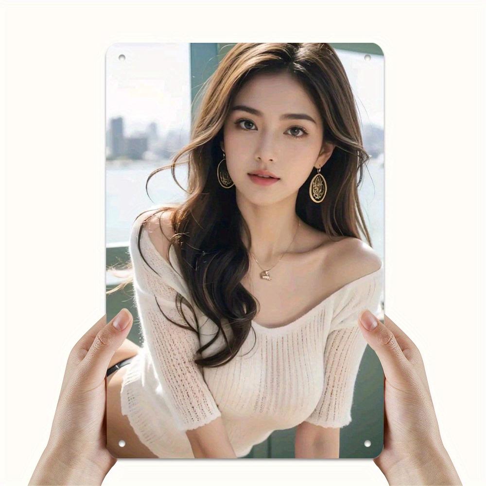 HD Metal Tin Sign Stunning Asian Girl in White OffShoulder Knit Sweater Vintage Poster Casual Elegant Style Wall Art Decor