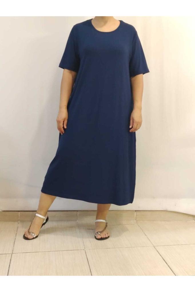 Женское платье большого размера. Темно-синее платье из вискозы из чесаного хлопка с короткими рукавами.