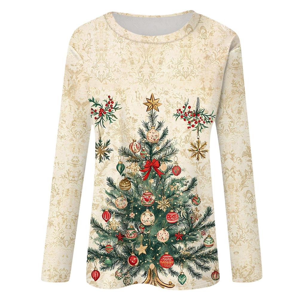 Женская мода повседневный рождественский принт круглый вырез длинный рукав пуловер топ