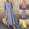 Women's Plaid Long Dress Summer Casual Loose Breathable Round Neck Short Sleeve Big Swing Dress Holiday Party Beach Skirt