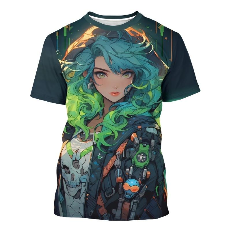 Cute Cool Girl Pattern T Shirt For Personalized Fashion Printed Short Sleeve Tops Summer Casual Round Neck Loose Tees