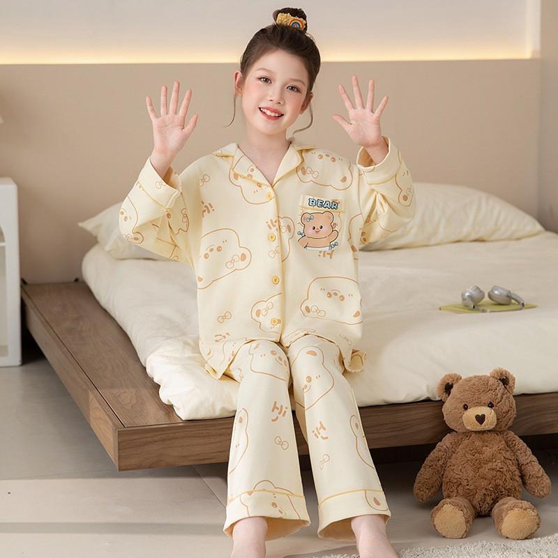 Girls Cotton Pajama Set With Collar Long Sleeve Cartoon Print Fall Kids Sleepwear Comfortable Home Outfit