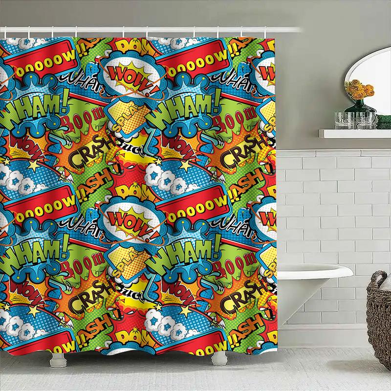 Comic Book Style Shower Curtain Superhero Theme Home Decor Bath Rug Tpu Waterproof Bathroom Liner For Kids Bathrooms