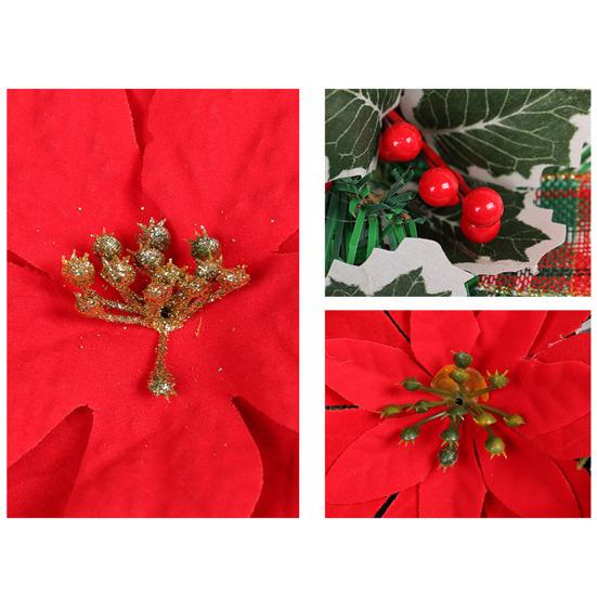 Рождественский венок с красным цветком, клетчатый шар с бантом, многоразовый праздник, внутреннее наружное окно, передняя дверь, подвесная искусственная гирлянда, лестница