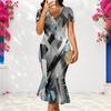 Women Plus Size V Neck Short Sleeve Printed Fitted Fishtail Dress Black Gold Gray