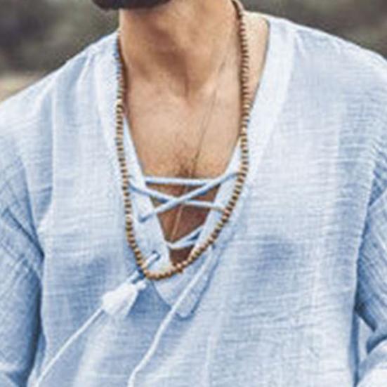 Мужская повседневная хлопково-льняная рубашка с полурукавом, V-образным вырезом и шнуровкой, футболки в богемном винтажном пляжном летнем стиле