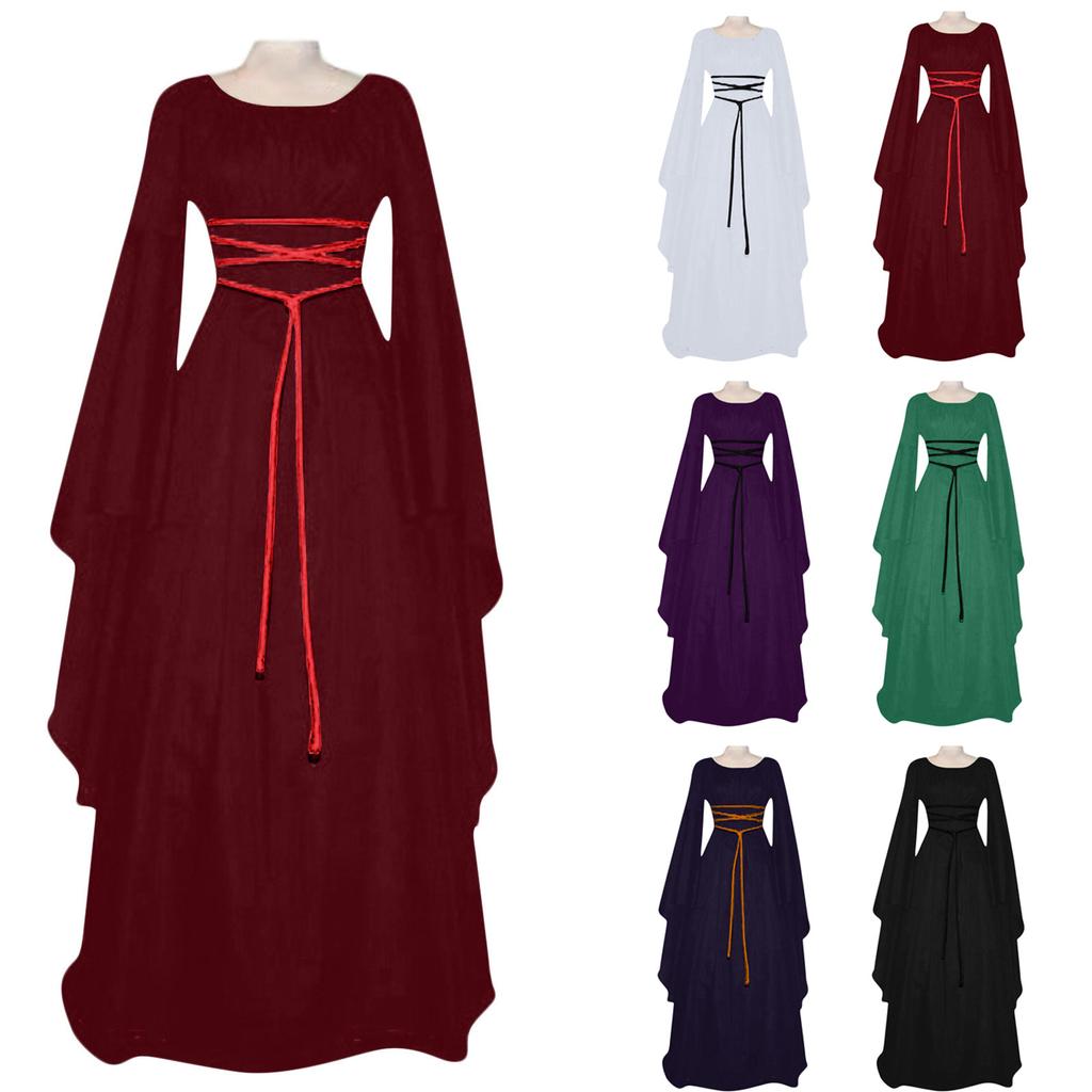 Women Vintage Costumes Sexy Long Sleeve Lace-Up Medieval Gothic Floor Length Dresses Cosplay Retro Long Maxi Dress