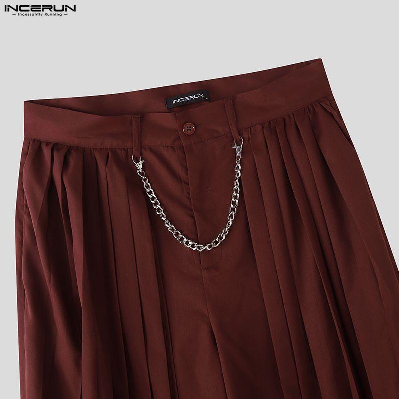 INCERUN Мужские брюки с молнией спереди, многослойные, однотонные, повседневные, длинные, плиссированные