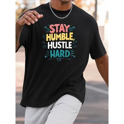 Европейские размеры Мужская Забавная Мотивирующая Футболка Stay Humble Hustle Hard - Черная Короткий Рукав Круглый Вырез Повседневная Для Зала