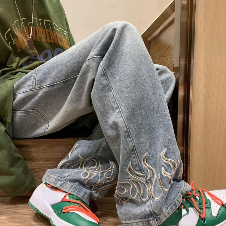 Spring and Autumn Men's Vintage Flame Printed Jeans Baggy Streetwear Wide Leg Denim Trousers Hip Hop Straight Pantalones