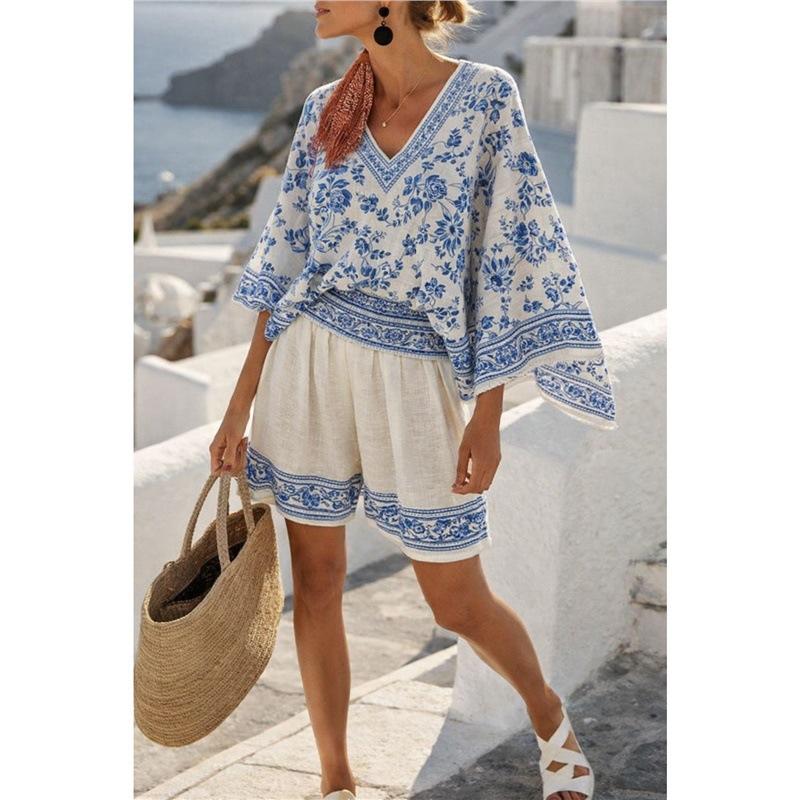 16 European and American summer printed beach blouse vacation casual bikini beach bat sleeve set