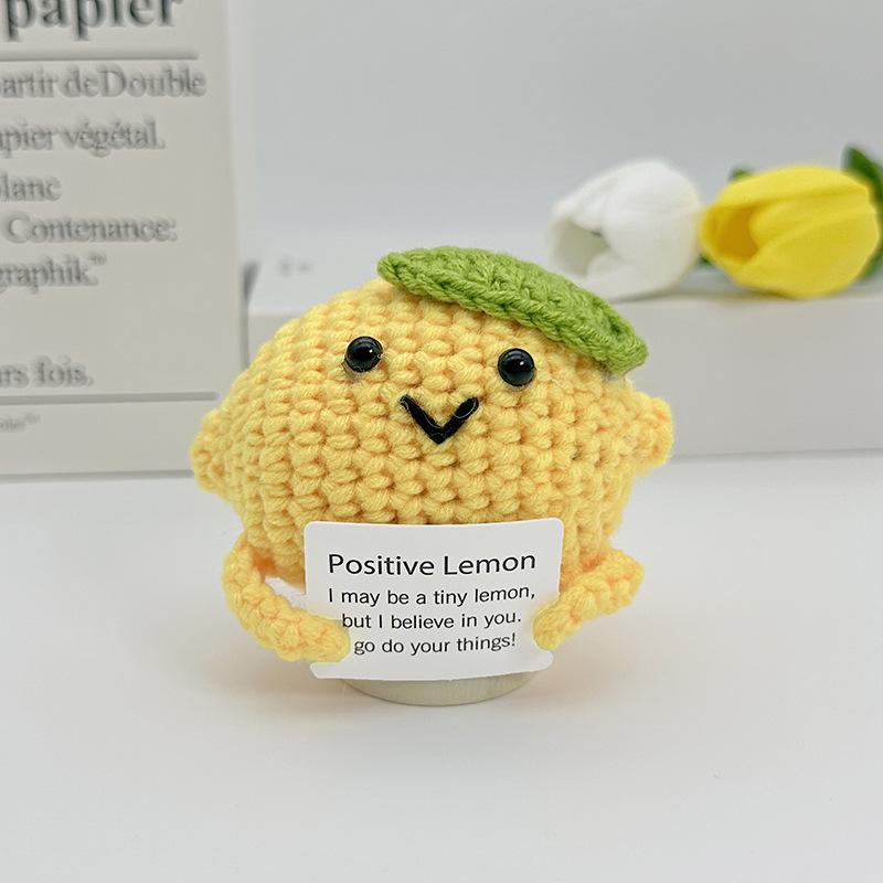 New Positive Crochet Headset Potato Doll with Card for Cheer Up Gifts and Party Decor Handmade Knitted Pencil Doll Desk Ornament