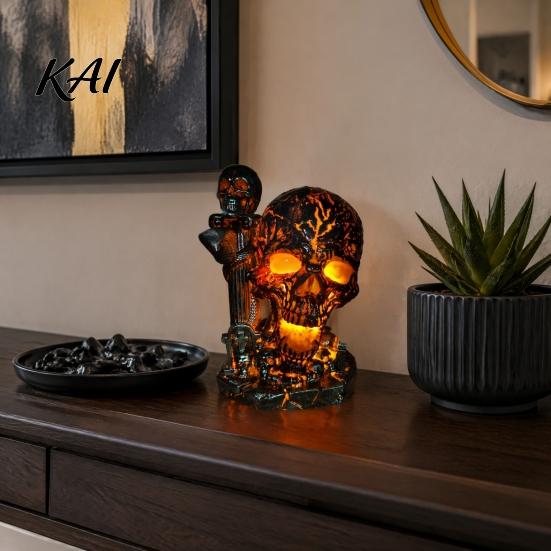 Handcrafted Resin Lamp Skull Table Lamp, Halloween Glowing Skeleton Figurine, Gothic Ambient Night Light for Mantel Shelf Party Home Decor