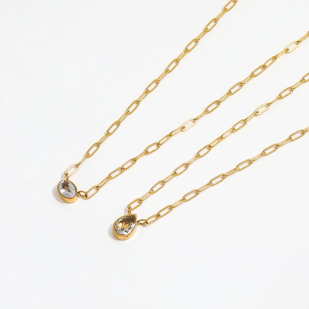Joolim Jewelry 18K Gold Plated Stainless Steel Zirconia Oval & Water Drop Pendant Paper Clip Chain Necklaces Trendy Jewelry