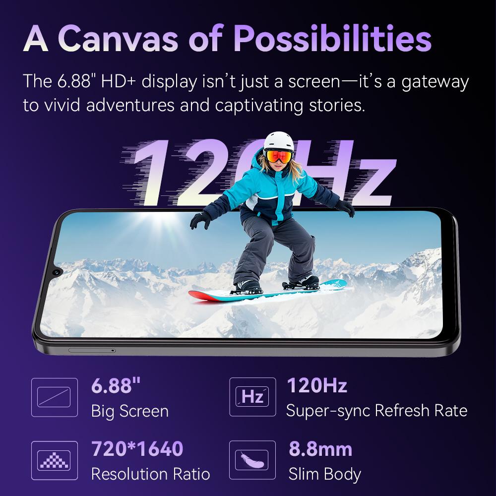 Cubot Смартфон A40, Android 15, 4 ГБ ОЗУ + 256 ГБ ПЗУ, 6,88-дюймовый экран 120 Гц, восьмиядерный, камера 48 МП, аккумулятор 5100 мАч, NFC, Face ID