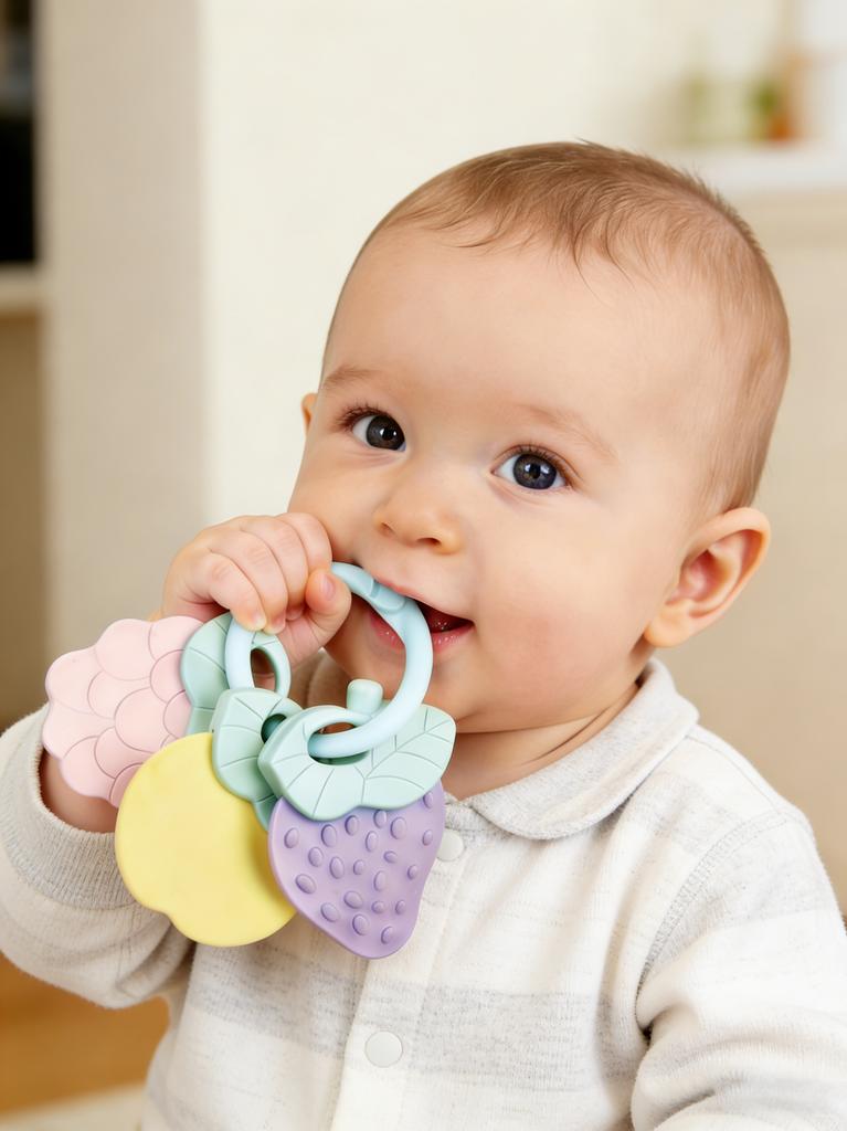 Baby Fruit Style Soft Rubber Rattle Teether Toy Kid Newborn Chews Food Grade Silicone Teethers Infant Training Bed Toy Chew Toys